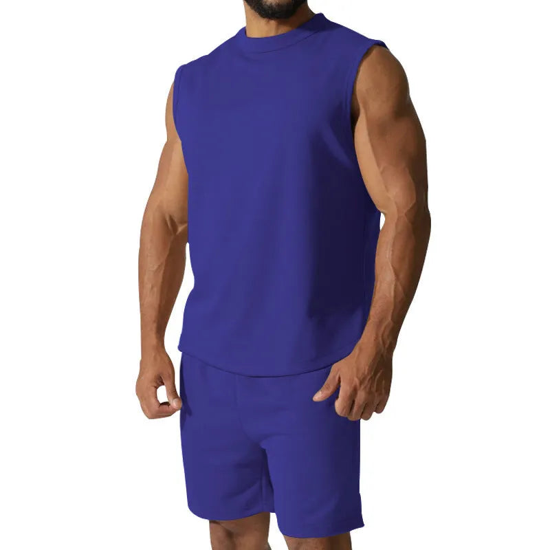 Men's sleeveless cotton blend sports top and matching shorts in a solid colour