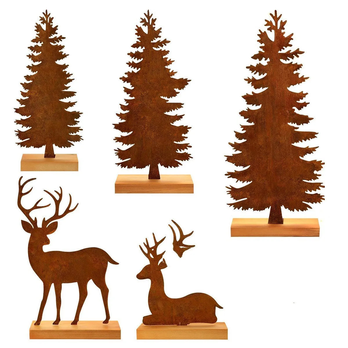 Set of three metal rustic elk Christmas tree decorations in vintage American style.