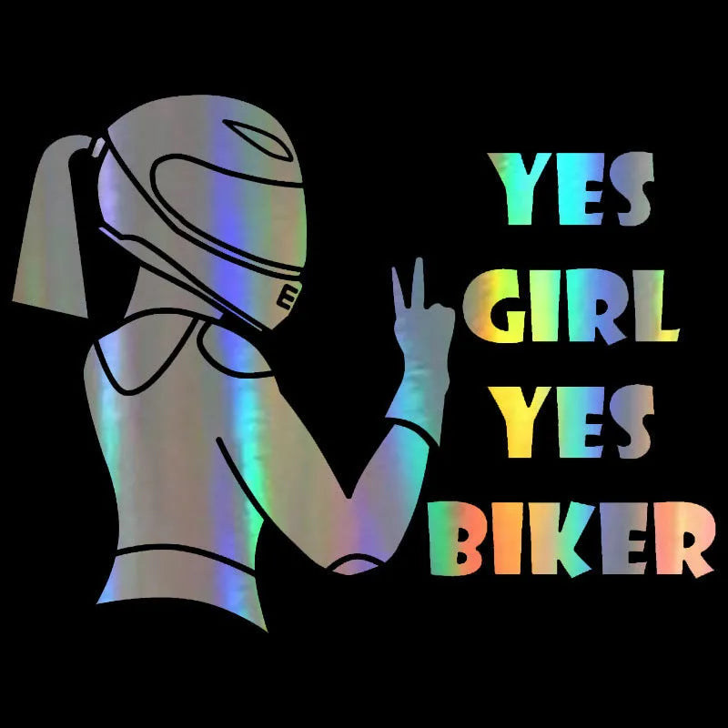 Black and white cartoon girl rider character car window sticker measuring 16cm by 15cm