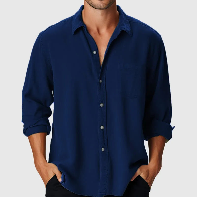 Men's casual long sleeve shirt with stand collar in loose fit polyester fabric