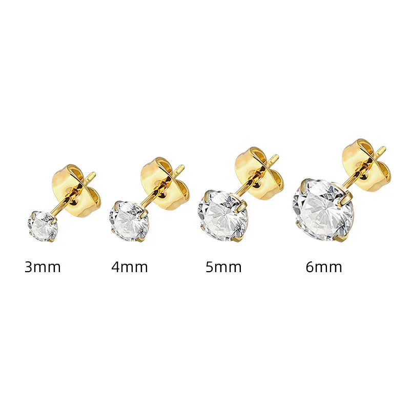Geometric titanium stainless steel stud earrings with round zircon stone in gold colour.