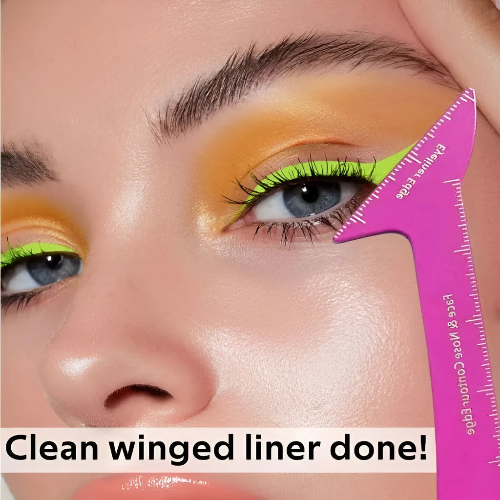 3-in-1 reusable eyeliner stencil tool for hooded eyes showing winged liner, eyebrow, and face contour guides