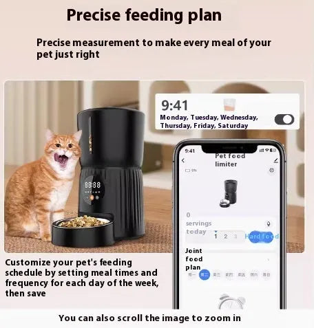 Black intelligent pet feeder with LCD screen showing feeding schedule and portion settings