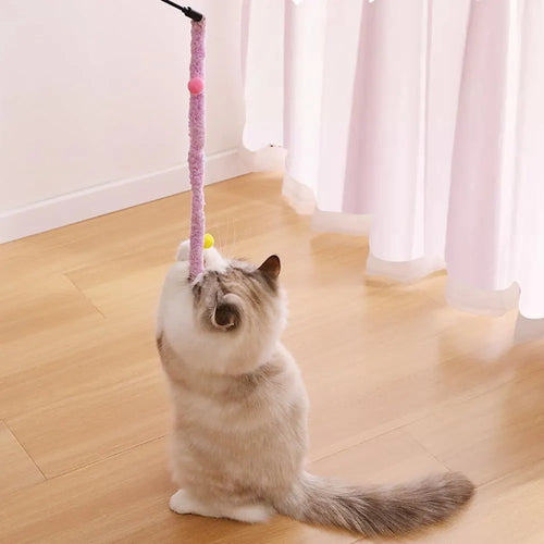 Blue green pink plush strip cat wand toy with bell on 41cm pole