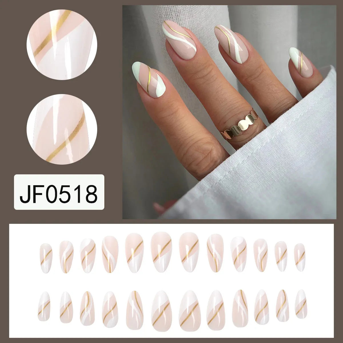 Golden lines plaid pattern nail stickers JF0518 medium drop shape with plastic wearable armour