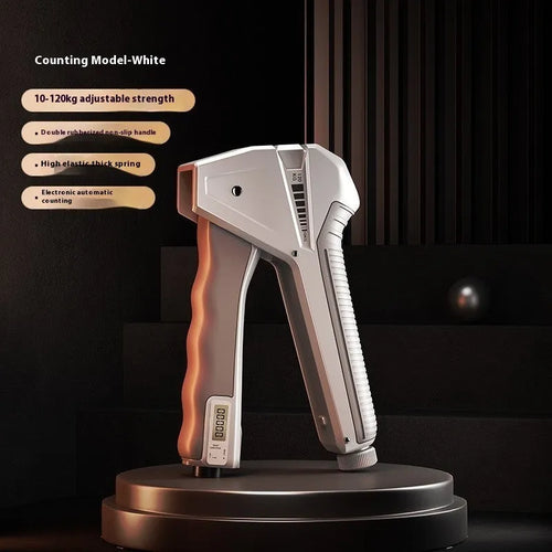 Adjustable hand gripper with mechanical counter showing 5-60kg resistance range in multiple colour options