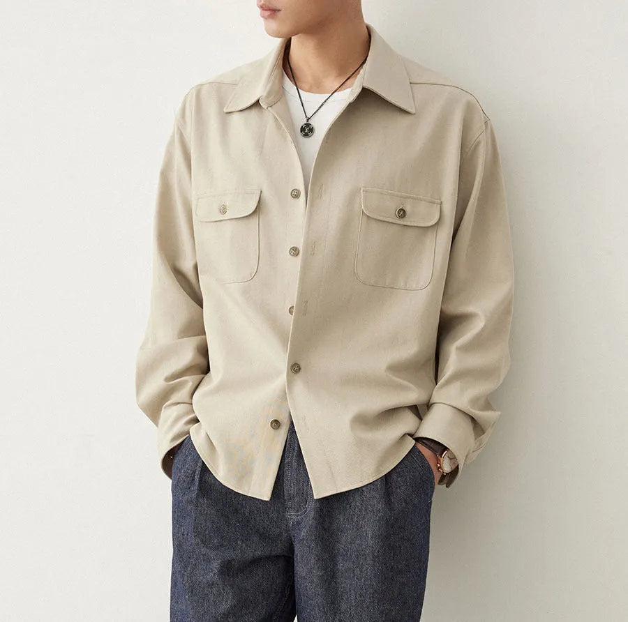 Men's cotton blend shirt with lapel collar in light sand rice and nautilidae colours, showing long sleeves