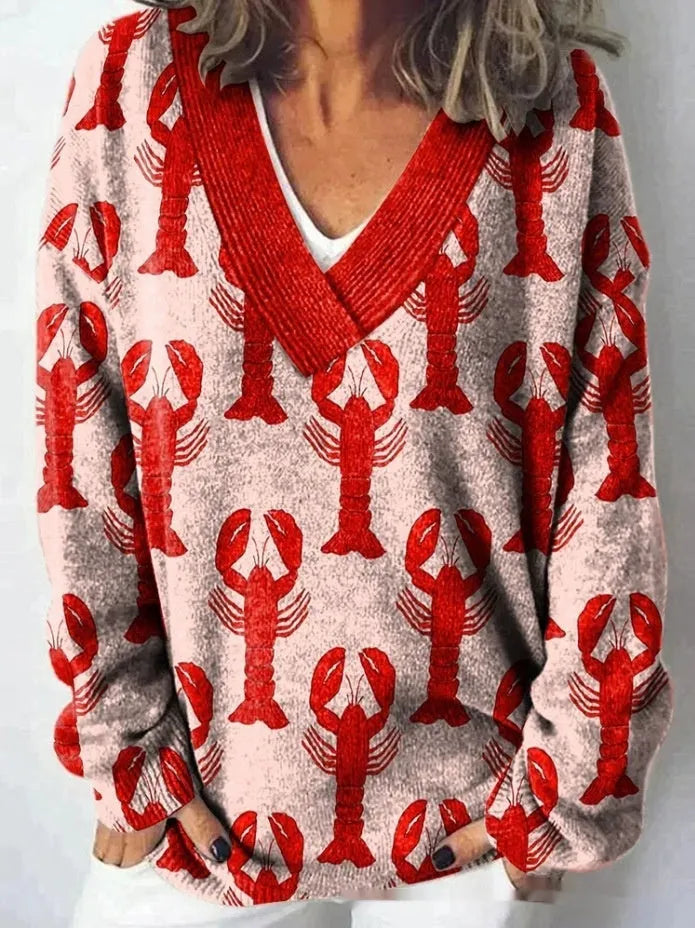 Women's white floral print V-neck sweatshirt with 3D pattern and long sleeves on a hanger.