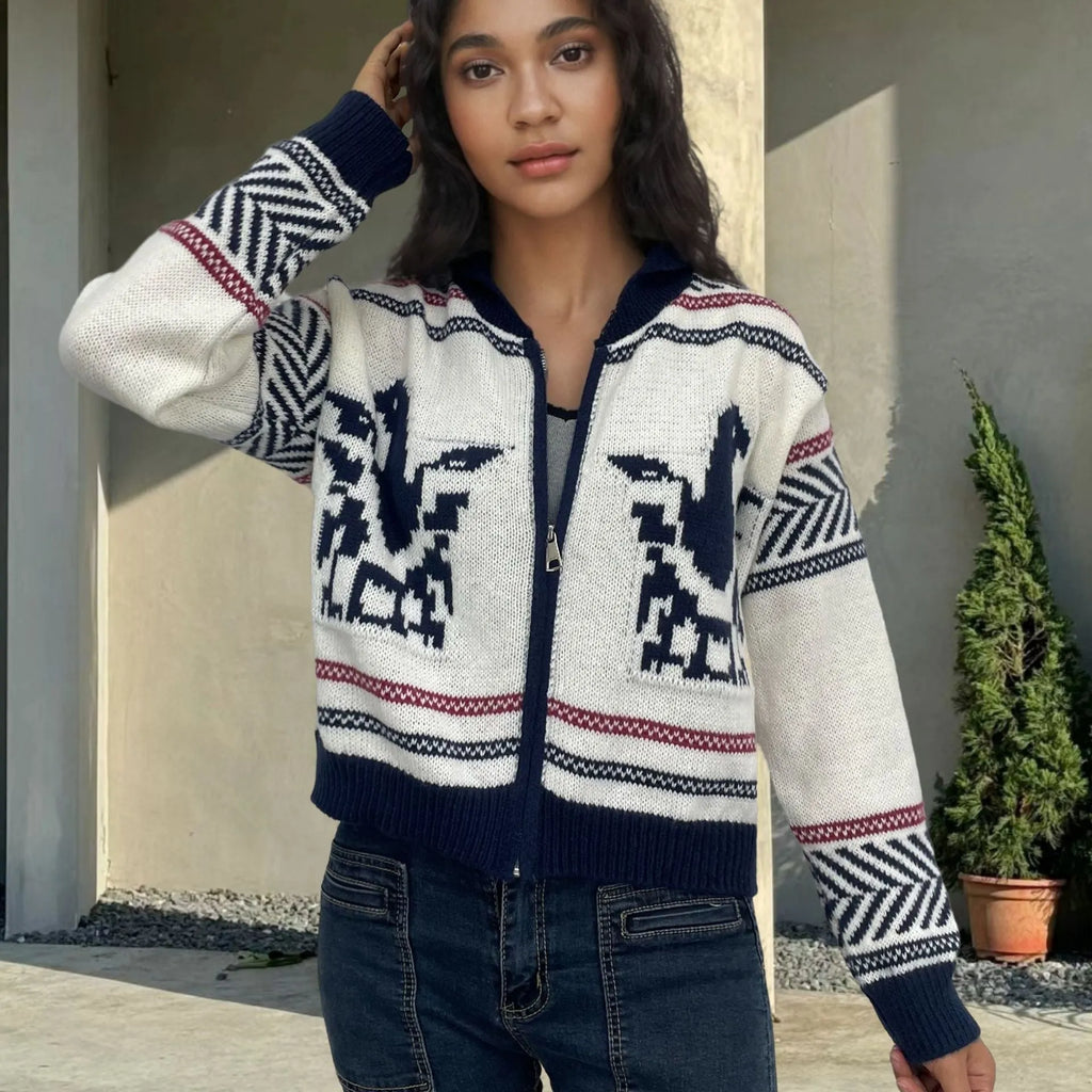 White women's wool cardigan with front zipper, lapel collar, and contrast stripe pattern