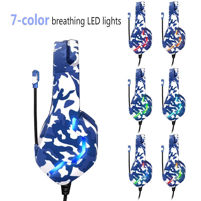 Eat Chicken wired gaming headset with microphone in camouflage blue with braided cable