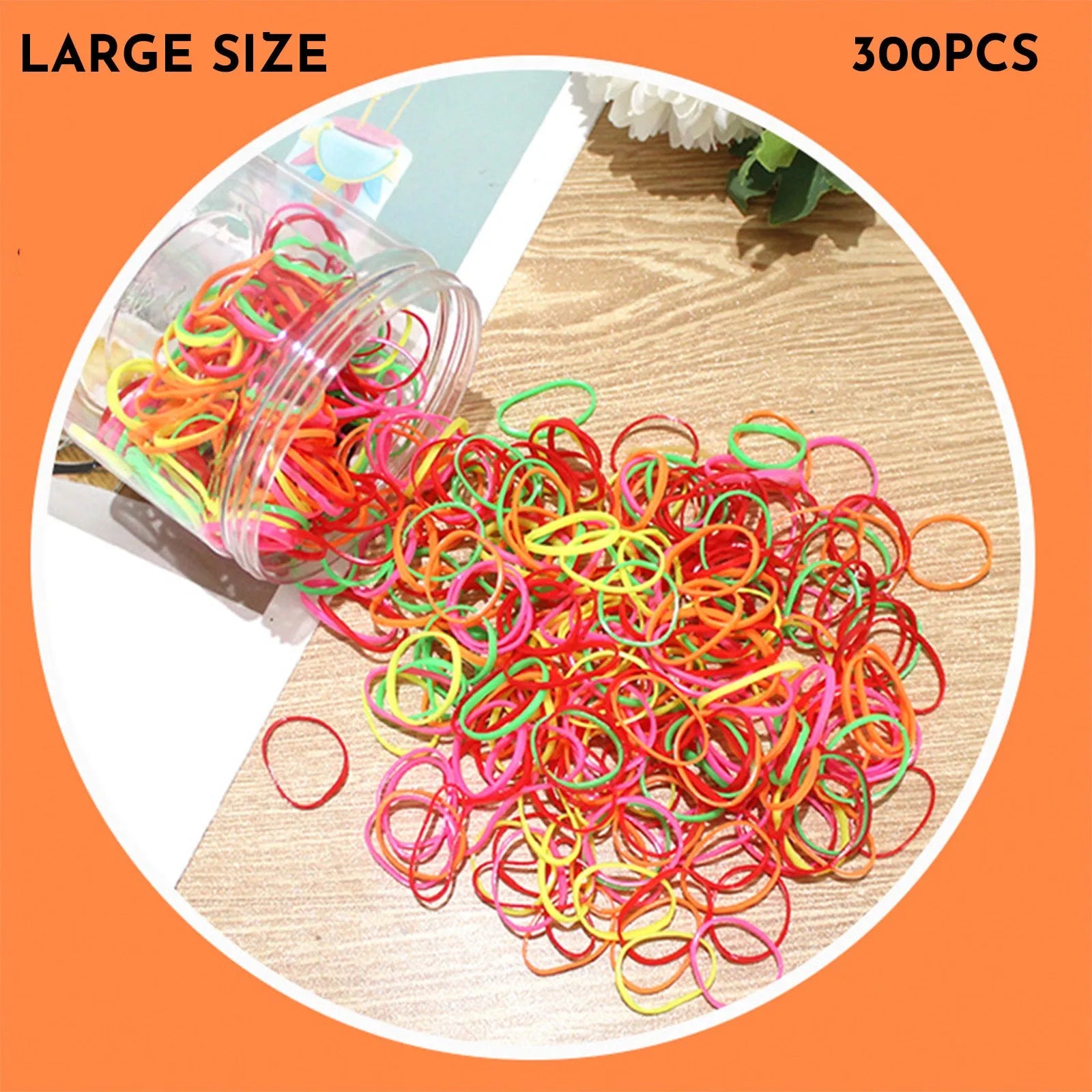 Assortment of colourful thin TPU baby hair ties in a clear reusable plastic container.