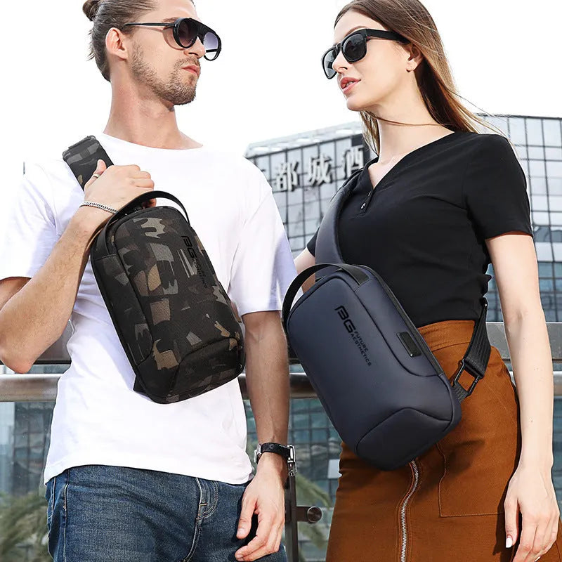 Men's black casual shoulder bag with USB port and Oxford cloth material for business travel.