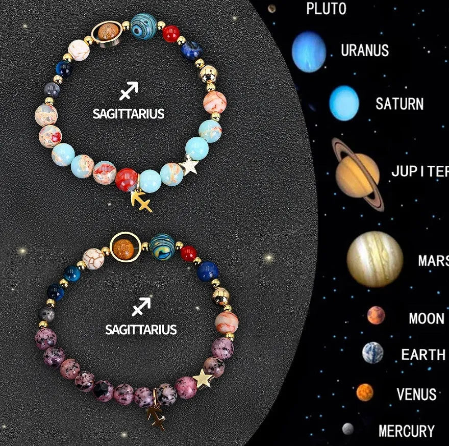 Two natural stone beaded bracelets showing zodiac sign designs for all twelve astrological symbols