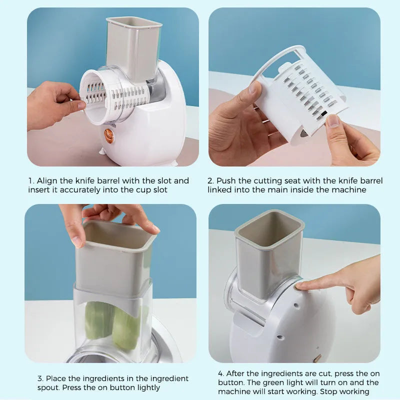 White electric vegetable slicer with rotary grater and multifunctional cutting blades for potatoes and carrots