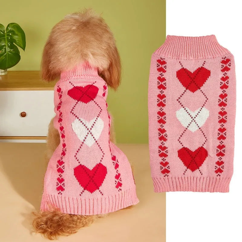 Red love heart motif dog sweater on small dog with bow decoration