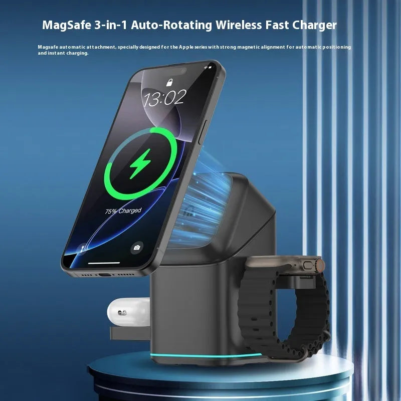 Black magnetic wireless charging stand rotating phone showing Type-C cable connection