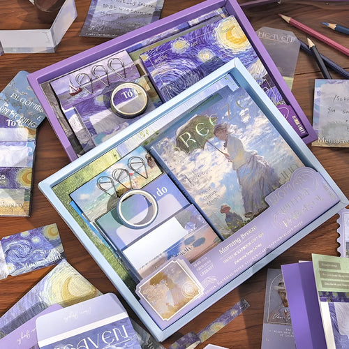A6 grid notebook journal gift box with artistic plaid design including cards, photo frames, stickers, and paper accessories