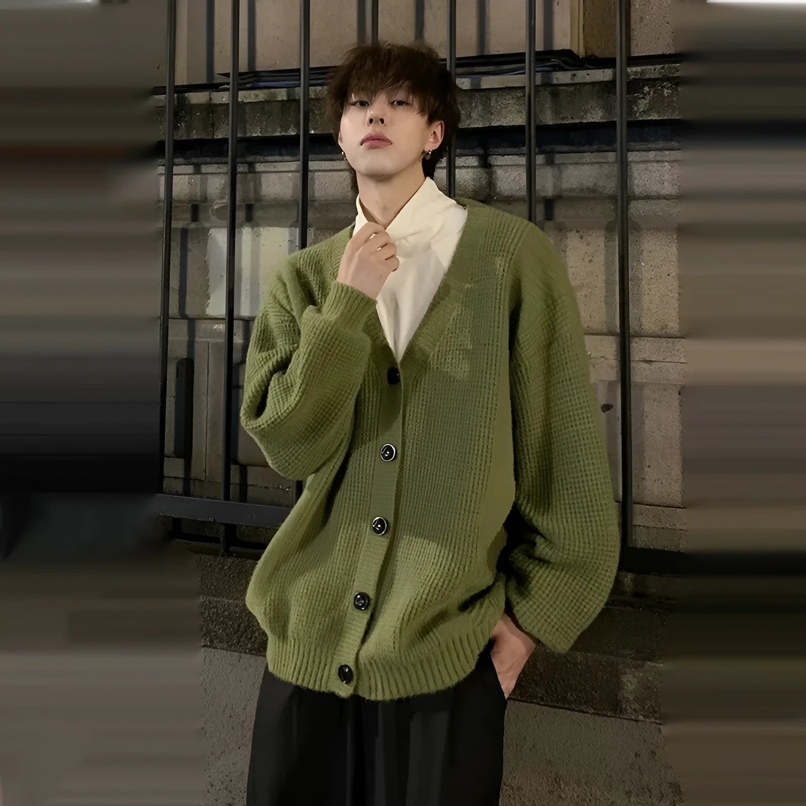 Men's army green cotton blend V-neck cardigan sweater with long sleeves in loose casual style