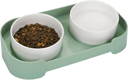 Green ceramic elevated cat bowls with 15-degree tilted stand and non-slip base