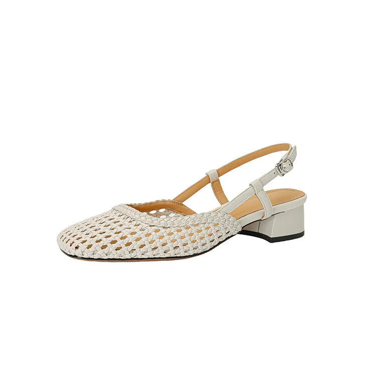 Women's woven hollow-out closed toe sandals with chunky heel and buckle fastening