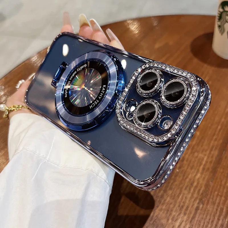 Transparent silicone iPhone case with magnetic bracket and rhinestone decoration in five colour options