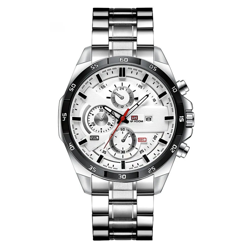Men's casual quartz watch with business calendar on brown leather-look strap and white dial.