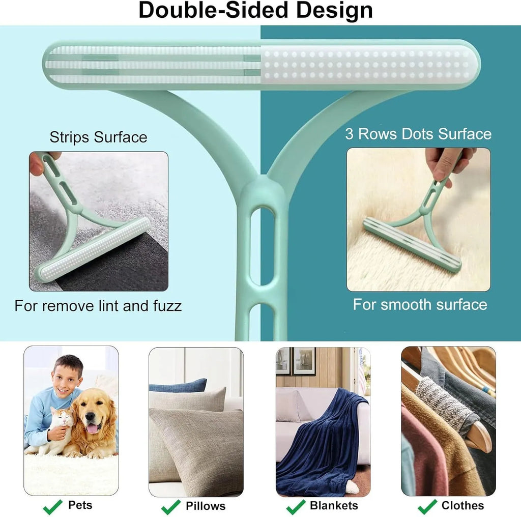 Three-piece pet hair remover set showing metal lint brush, silicone double-sided brush, and round ABS cleaner
