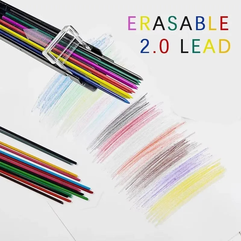 Boxed set of 12 coloured mechanical pencil refill leads in plastic tube with rainbow colour selection