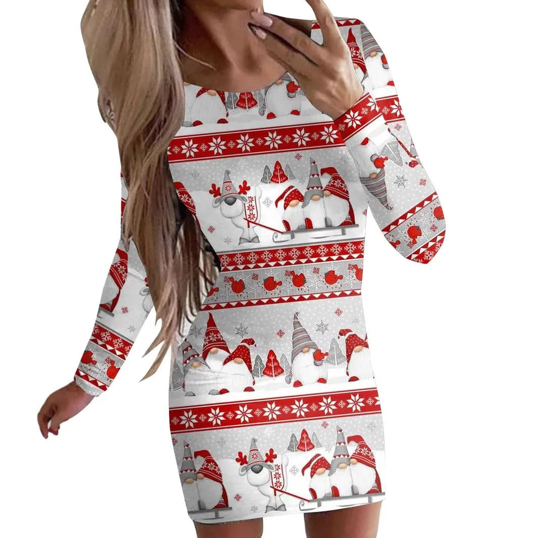 Animal print Christmas dress with round neck and long sleeves in floral pattern colours