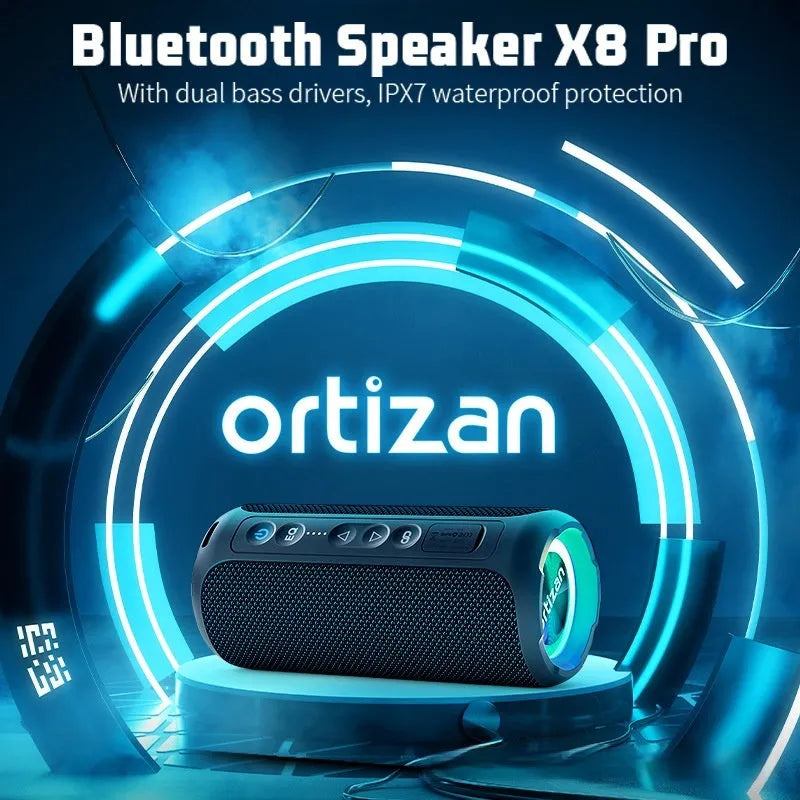 Black and blue fabric wireless Bluetooth speaker with LED lights showing front controls
