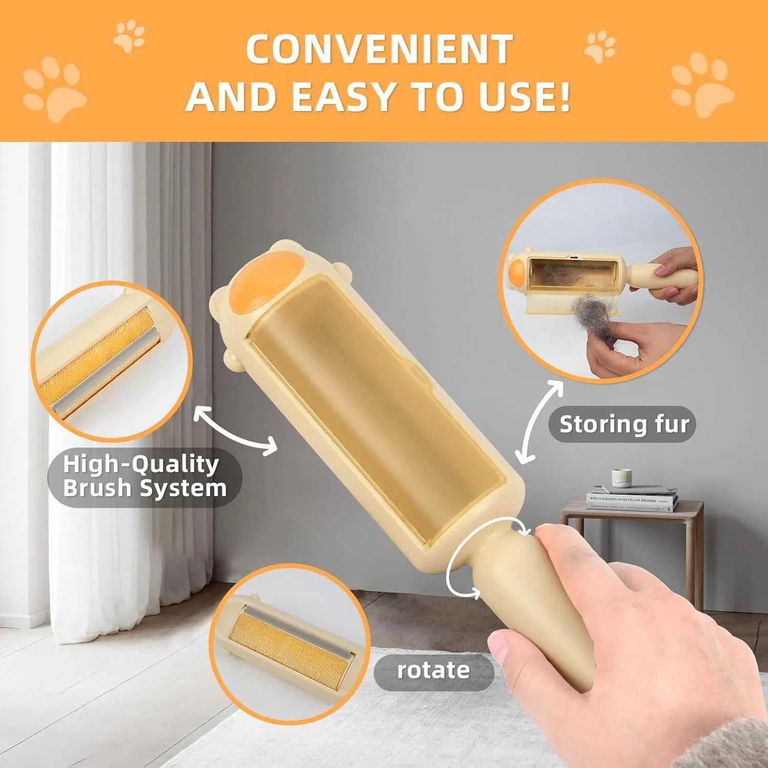 Blue pet hair remover roller with a self-cleaning base for furniture and cars.