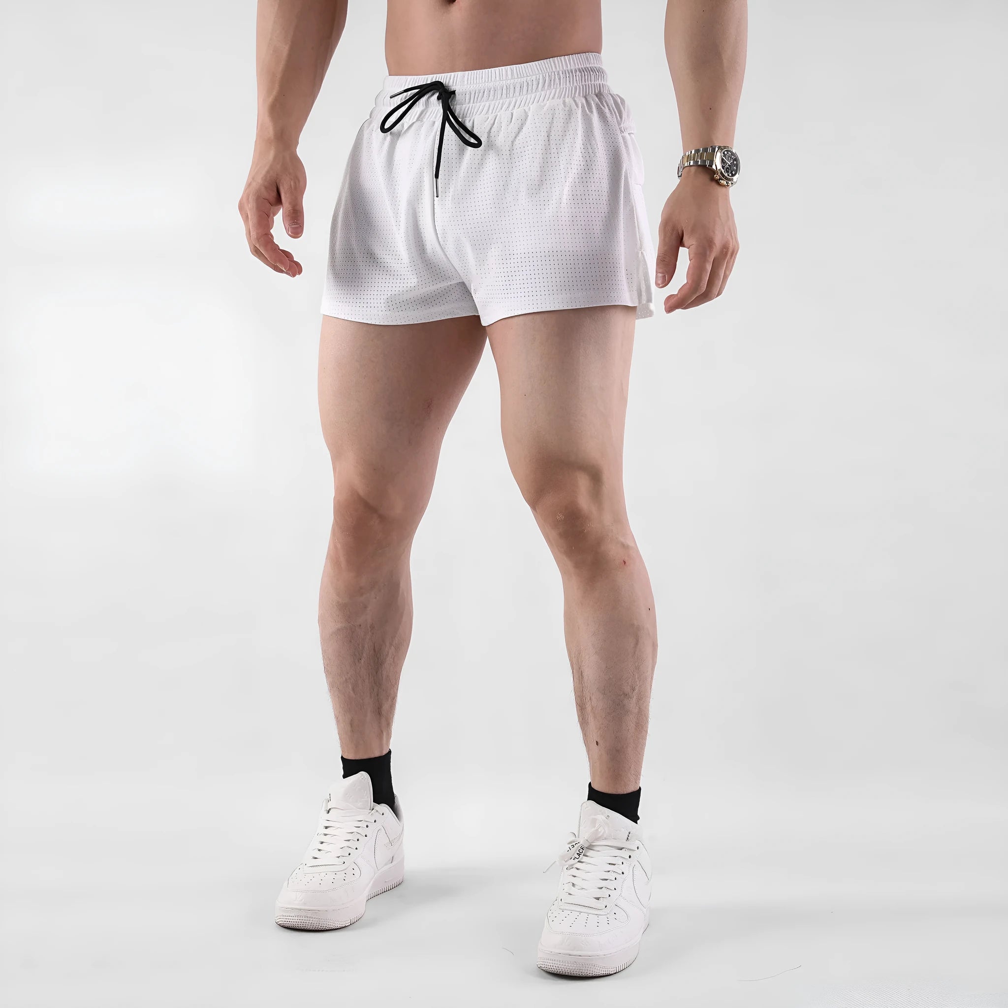 Men's quick-drying nylon summer shorts in white or black with mid-waist design