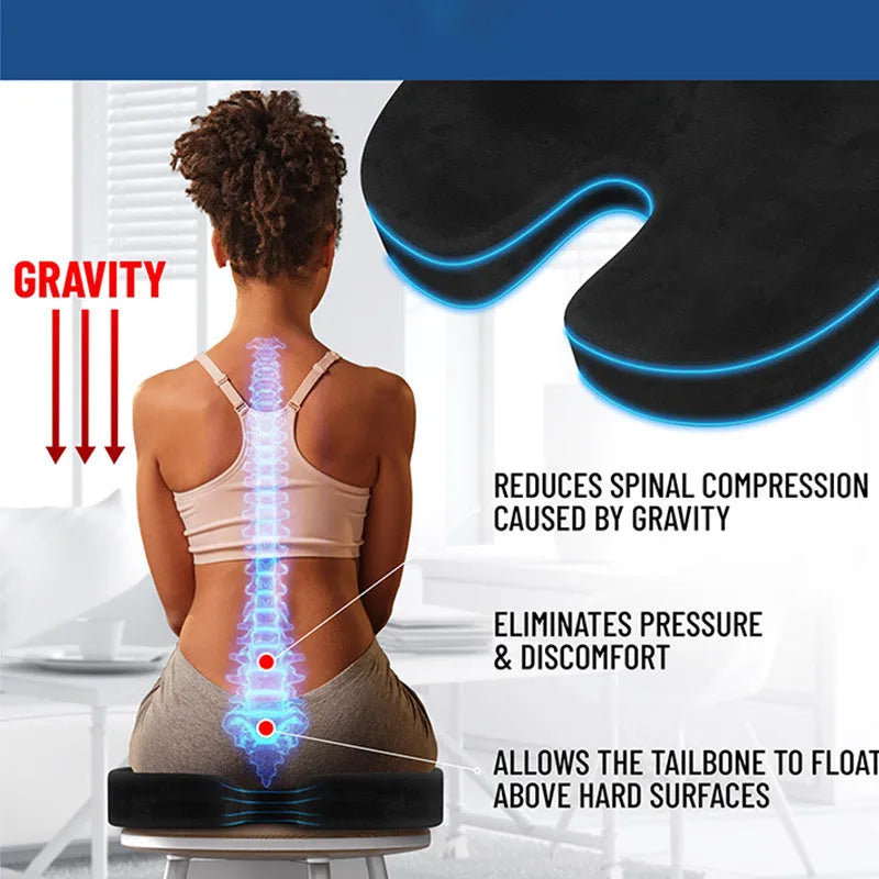 Black U-shaped memory foam office seat cushion showing contoured design for hip support
