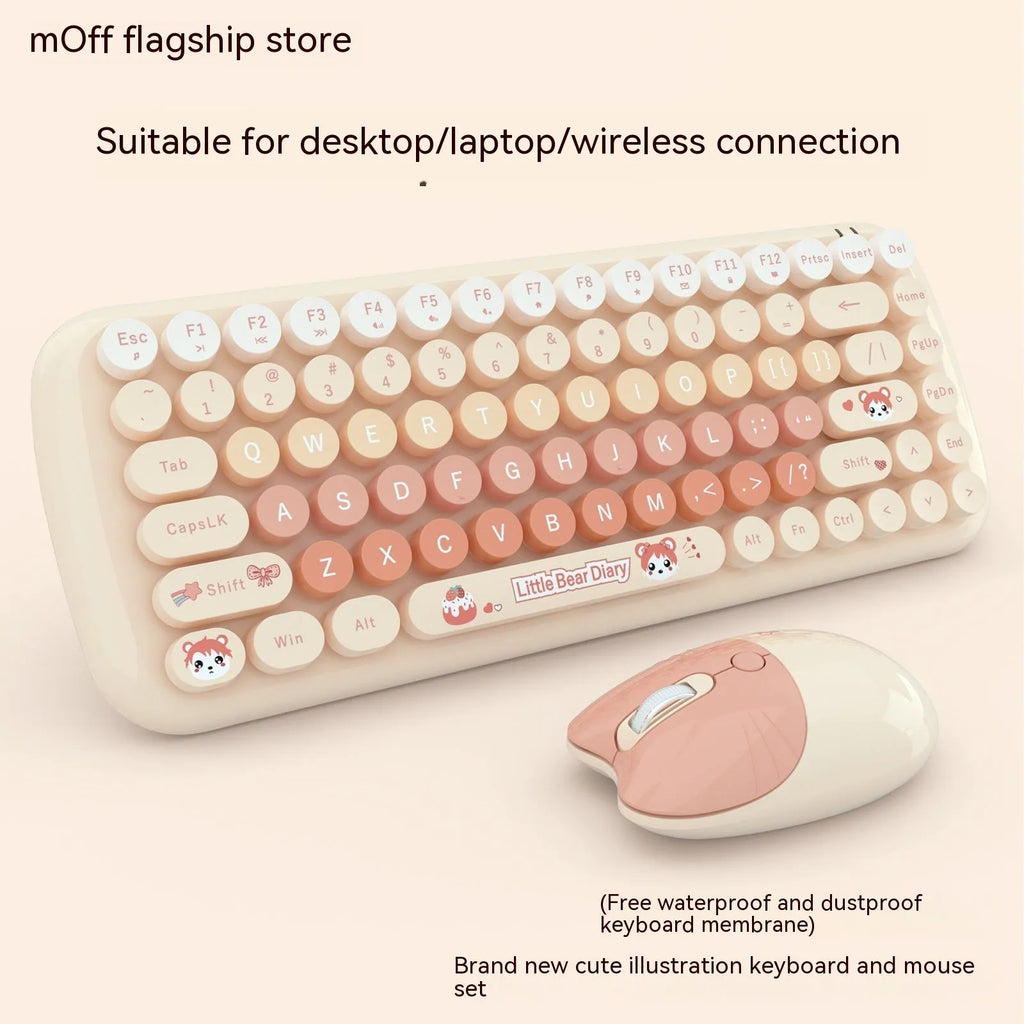 Candy pink wireless keyboard and mouse set with compact cartoon-style design on a desk.