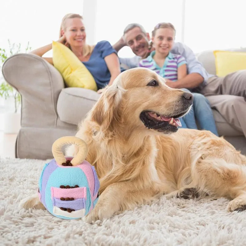 Green plush ball dog toy with multiple treat pockets and squeaker for small to medium dogs
