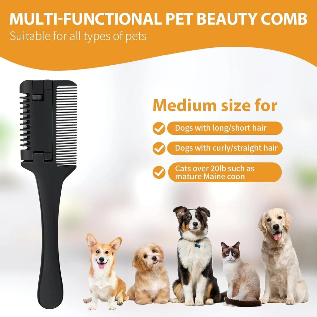 Pet razor comb grooming tool with comb teeth and replaceable razor blades for dog and cat hair trimming