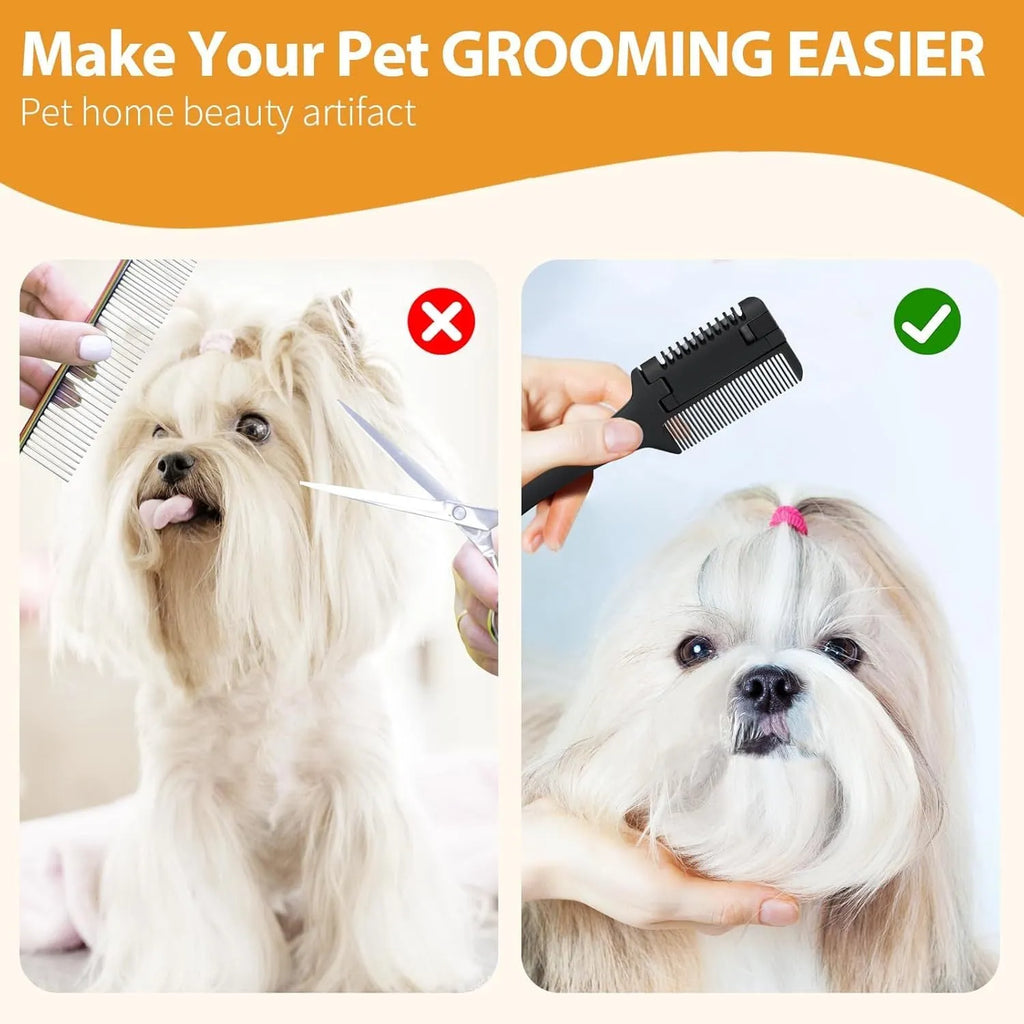 Pet razor comb grooming tool with comb teeth and replaceable razor blades for dog and cat hair trimming