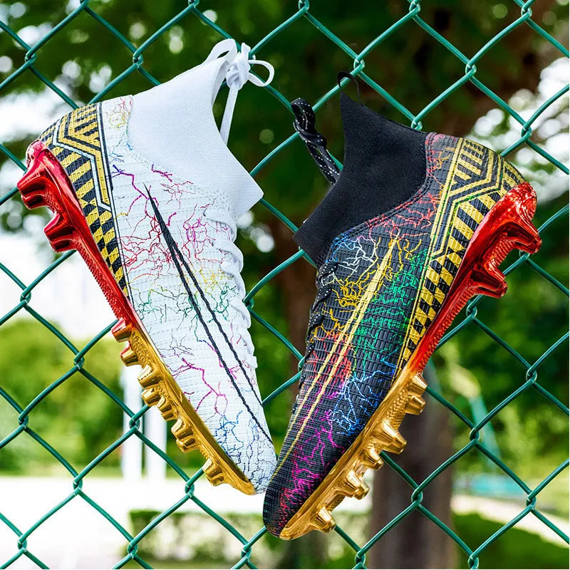 Men's high-top football shoes with gold plated sole in white, black, and mandarin duck colours.