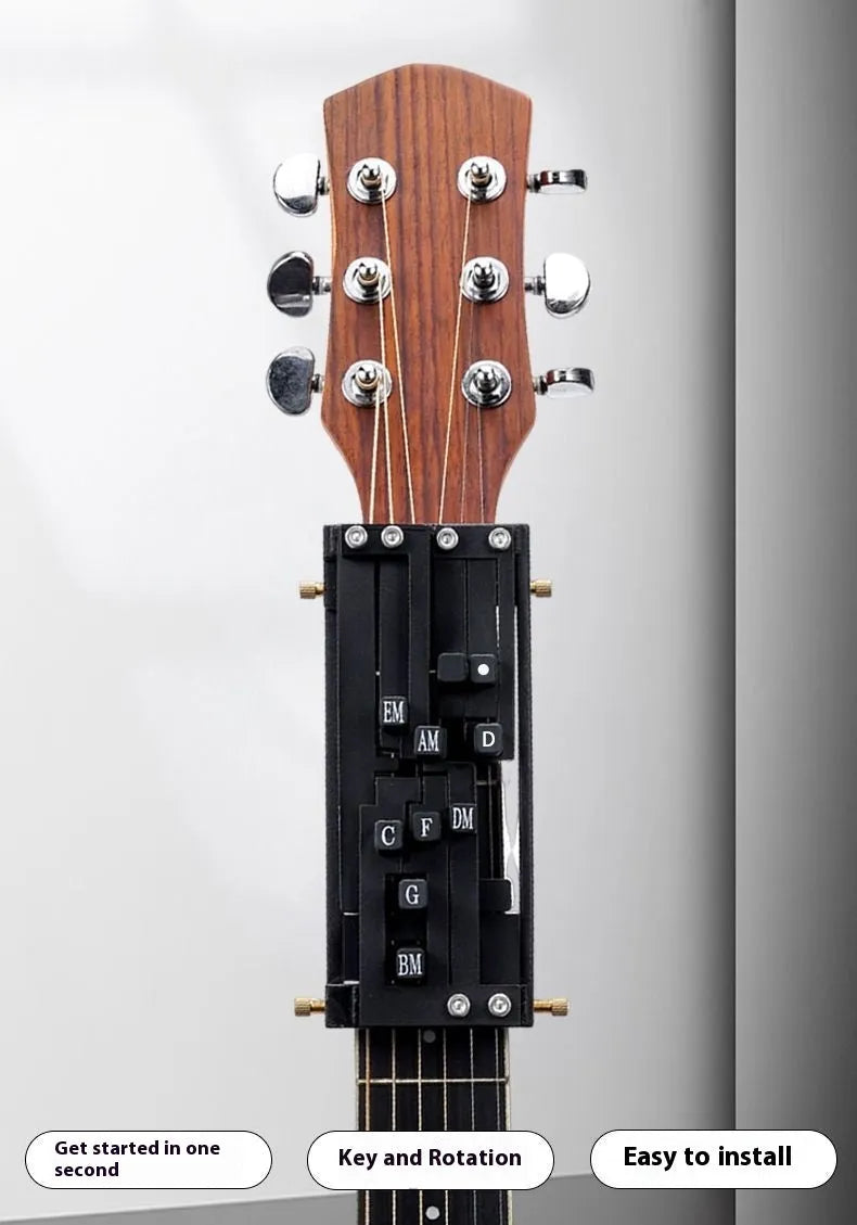 Automatic chord practice device for folk guitar playing and singing