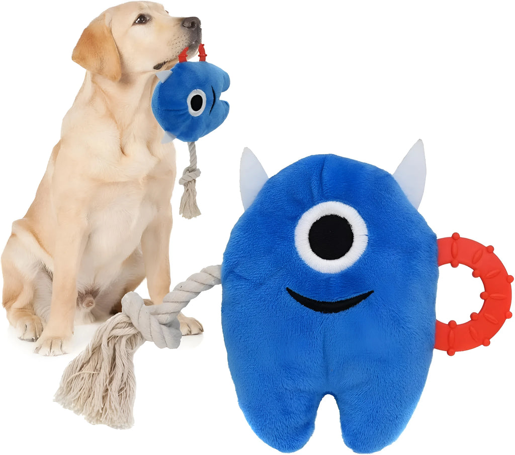 Blue and green plush dog toy with cotton rope sections and squeaker for chewing and tug-of-war