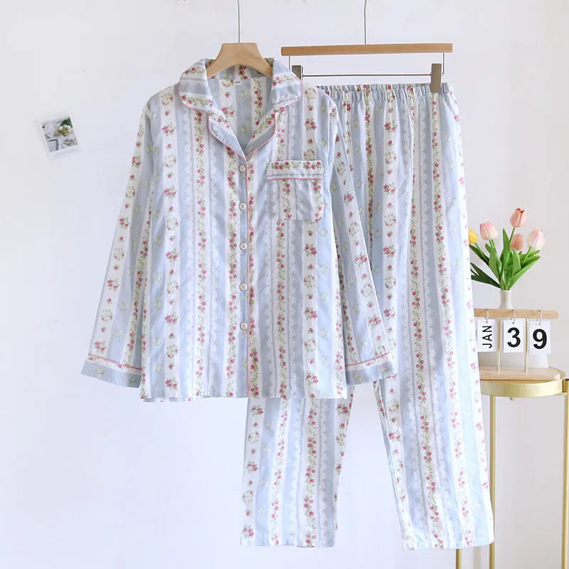 Japanese-style ladies' cotton gauze homewear set with long sleeves and trousers in colour stripe or fruit print patterns