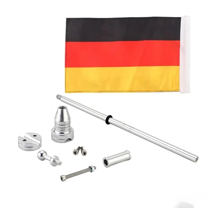 Motorcycle rack-mounted flagpole with German flag design in black or silver finish for side box or luggage rack attachment
