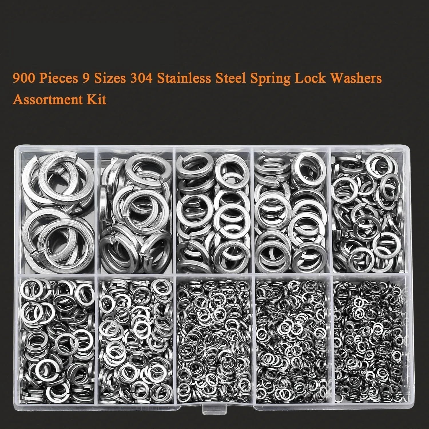 304 stainless steel spring lock washer combination box with 900 pieces for M2 to M12 applications