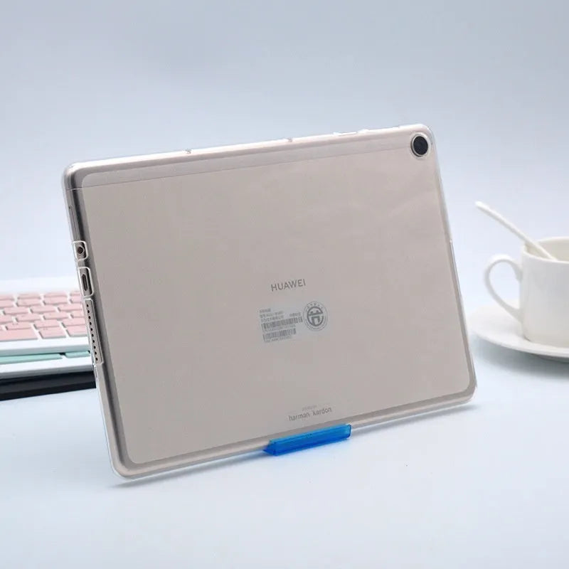 Clear white ultra-thin silicone and TPU protective case for a tablet, showing minimalist design.