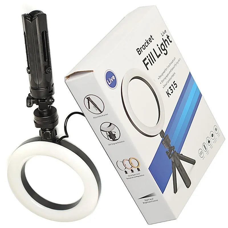 Black mobile selfie bracket with adjustable LED fill light and desktop tripod for smartphone video recording