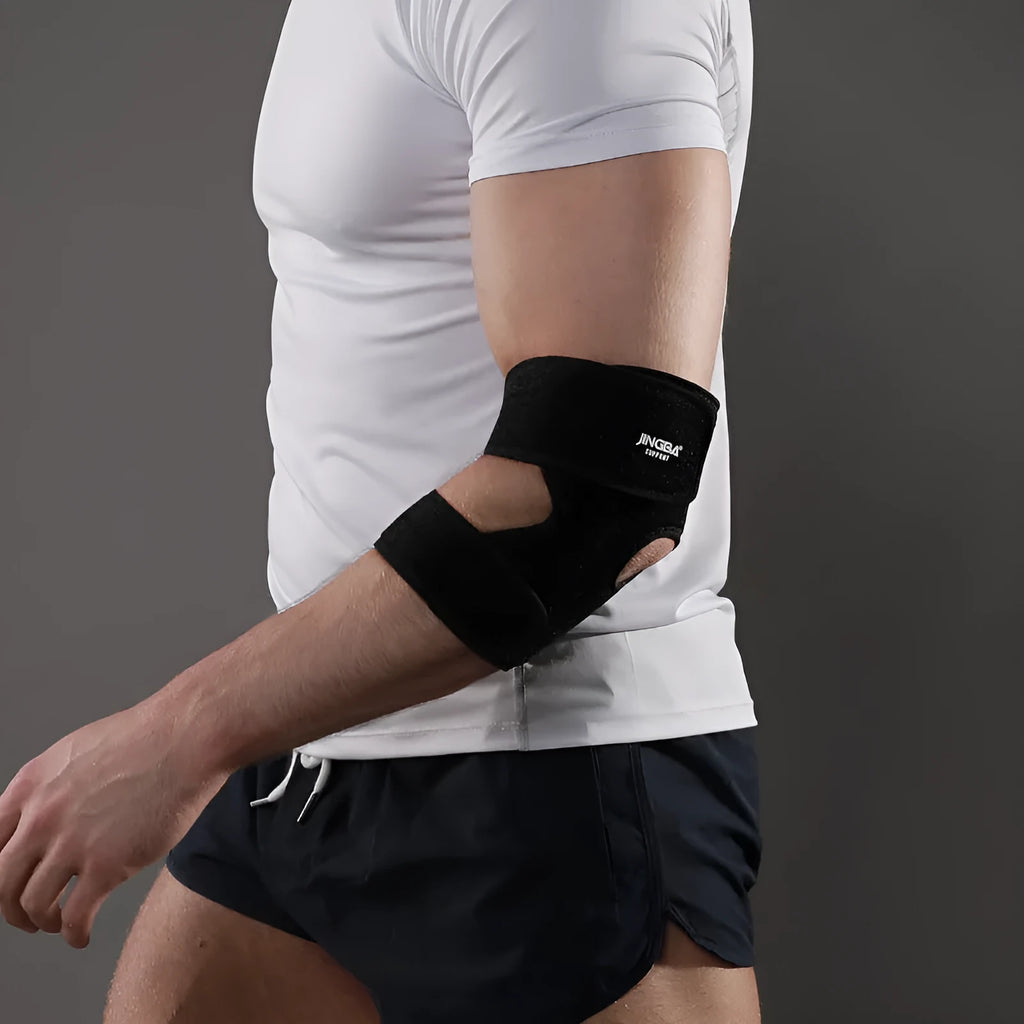 Black adjustable sports elbow guard for adult training and multiple sports.