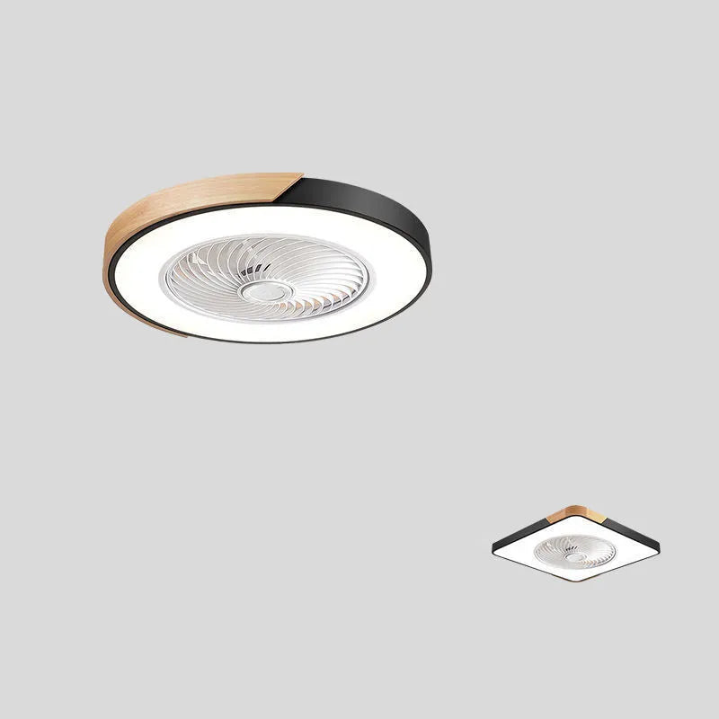 Nordic style ceiling fan with integrated light on a solid wood base, shown in rectangular, round, and square options.