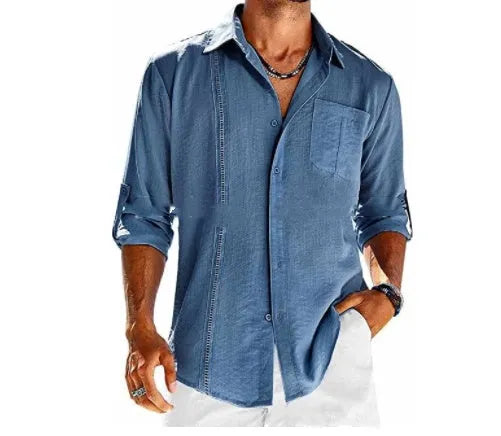 Mens grey casual long sleeve shirt with lace detail on polo collar and chest pocket.