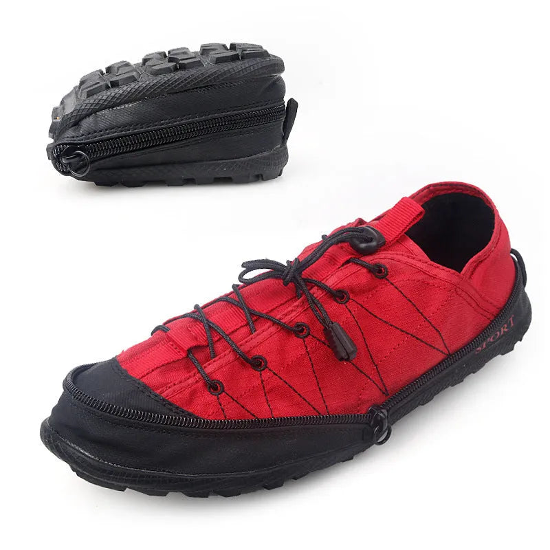 Folding outdoor travel shoes with side zipper and mesh upper in orange, black, and grey colour options