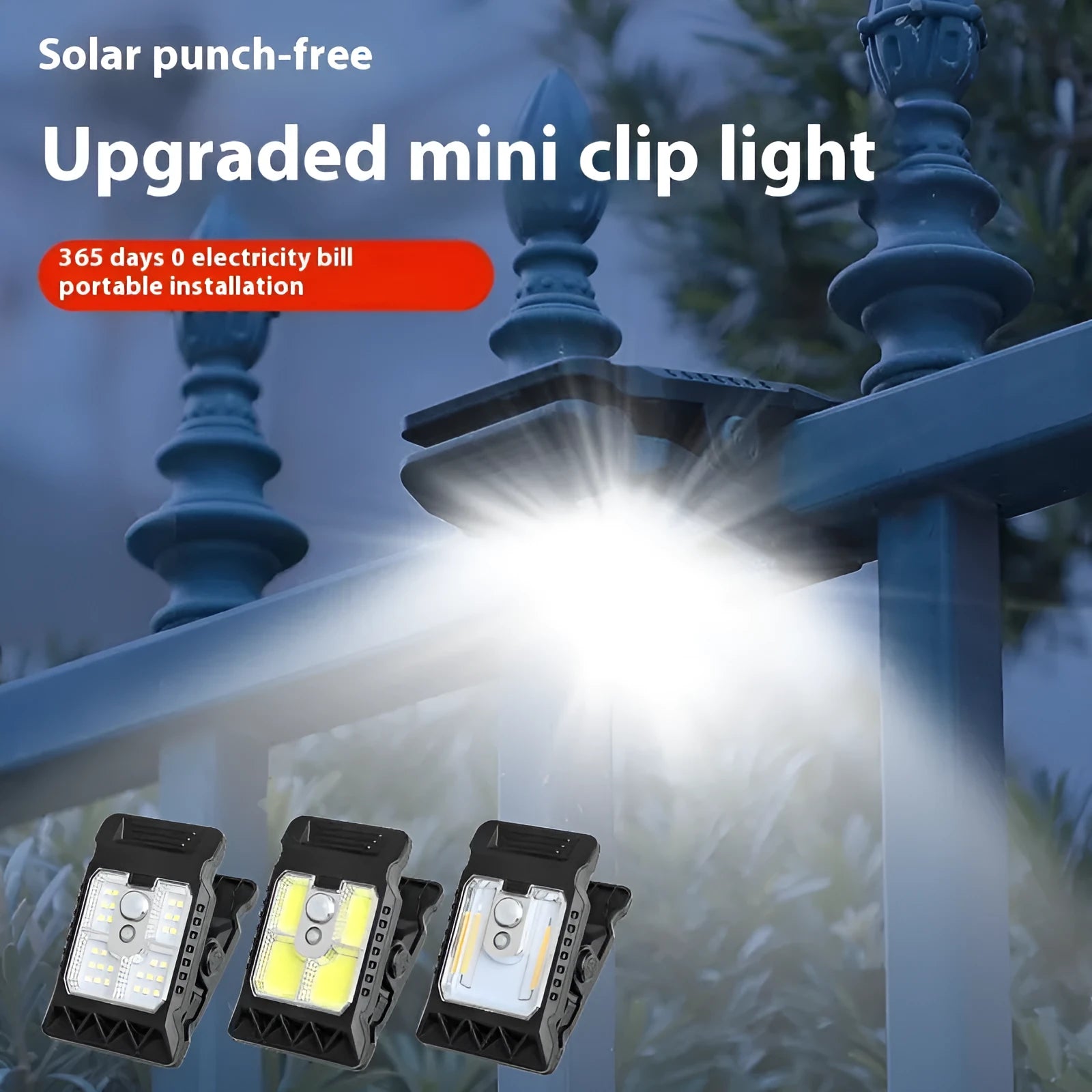 White ABS plastic clip lamp with motion sensor and LED light, shown with dimensions.